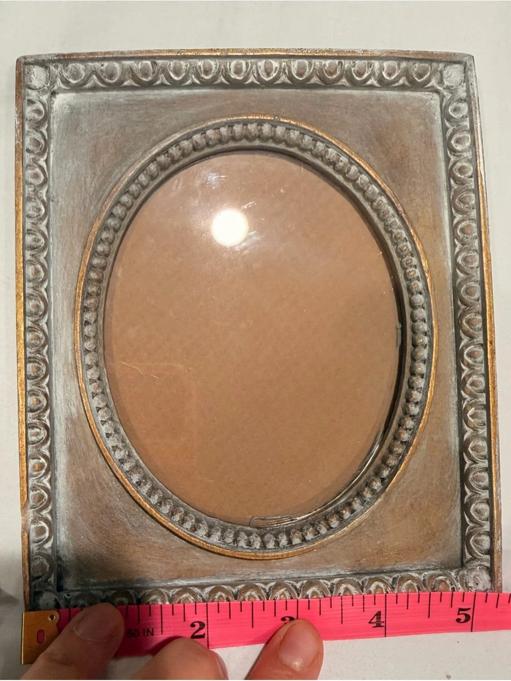 Vintage Ornate Oval Picture Frame in Distressed Whitewashed Brown and Gold